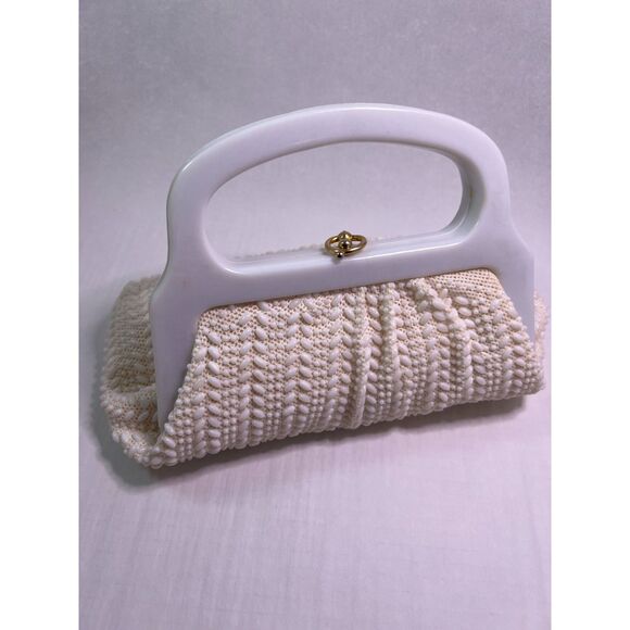 Vintage Beaded Clutch with Lucite Handle – Ivory Bridal Purse - Picture 1 of 5